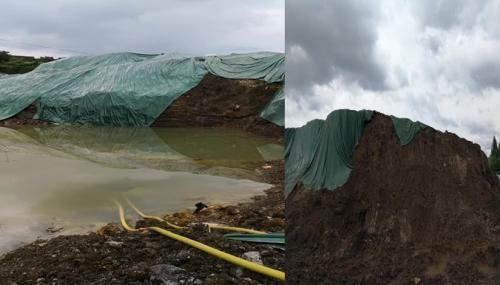 含铅废渣堆场集水严重、防渗膜破裂。图片来源：生态环境部官方微博